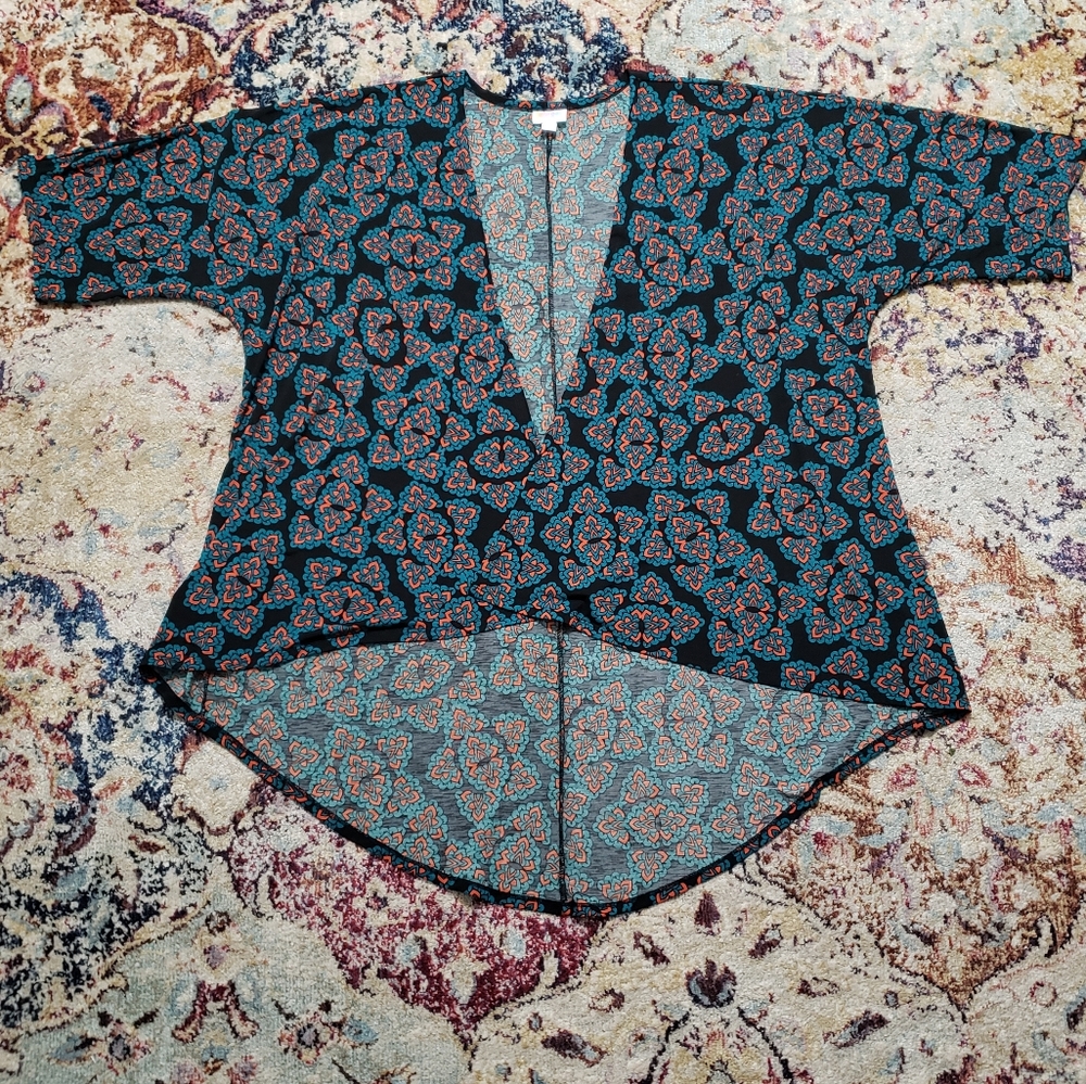 Lularoe Lindsay Blue Orange and Black Kimono sz M